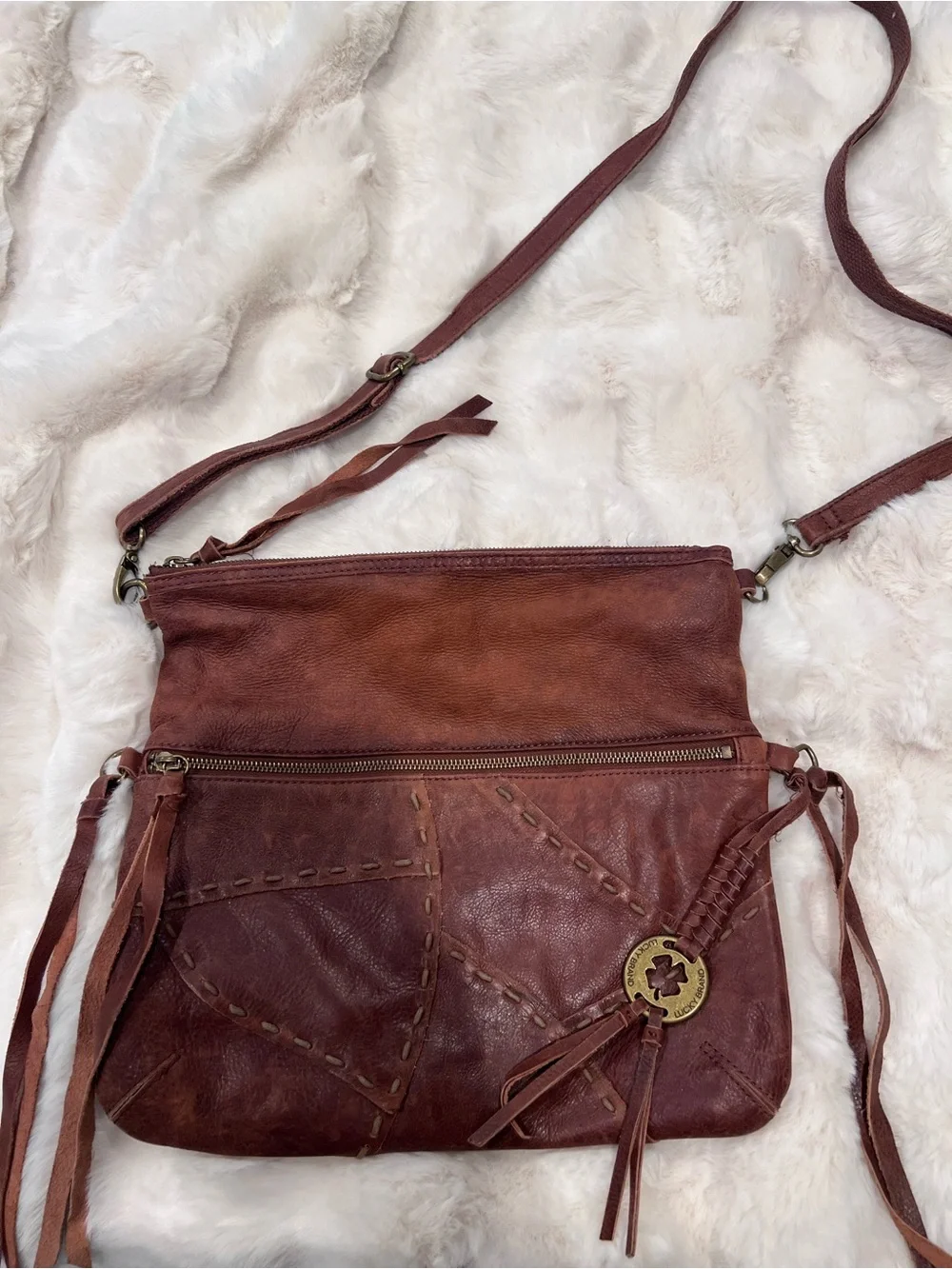 Lucky Brand Medium Brown Leather Patchwork Crossbody with Tassels